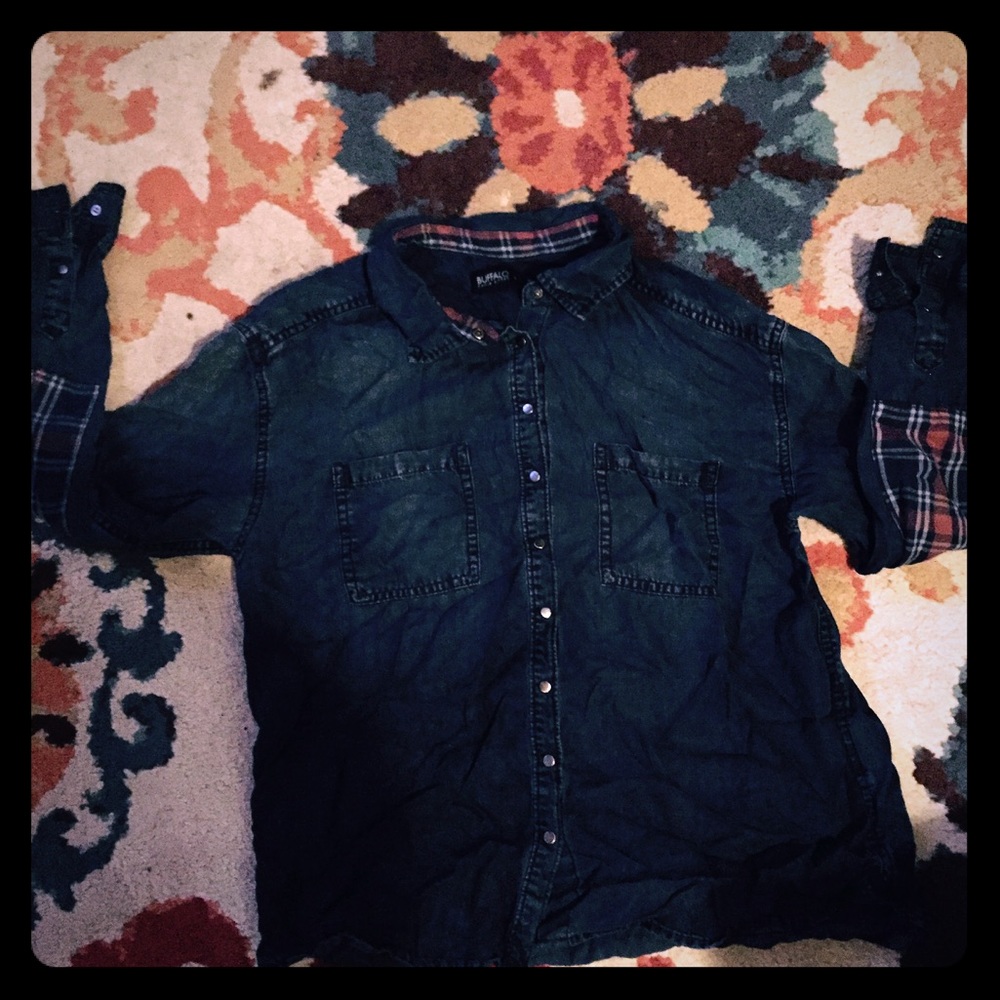 Jean button up with plaid on the elbows